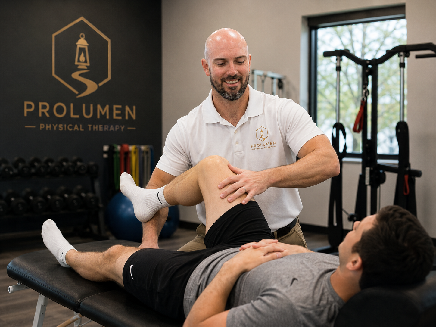 Prolumen Physical Therapy clinician assisting a patient with leg mobility treatment